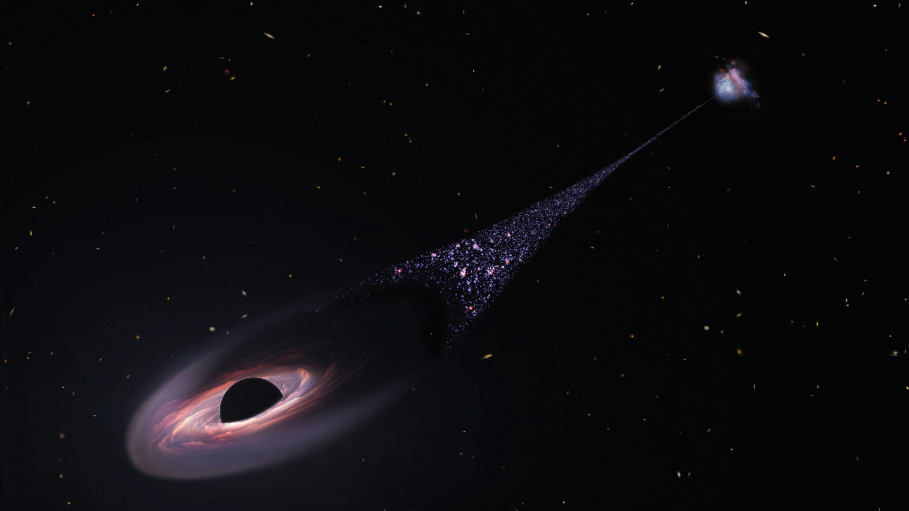 A glowing black hole surrounded by distant galaxies
