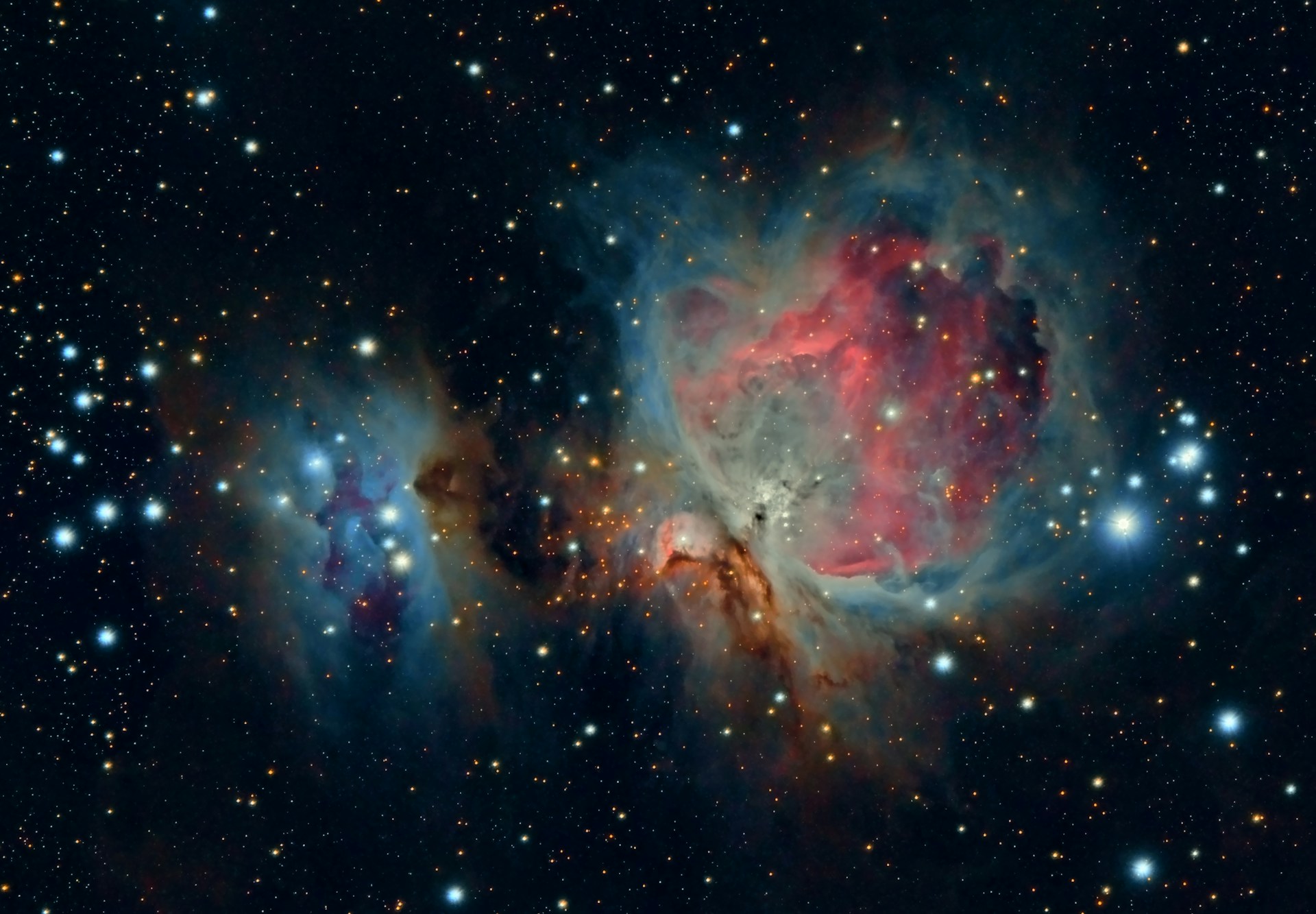 A luminous red and blue nebula